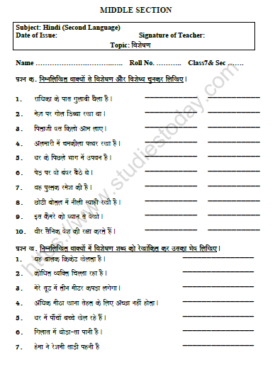 CBSE Class 7 Hindi Adjective Worksheet Set B